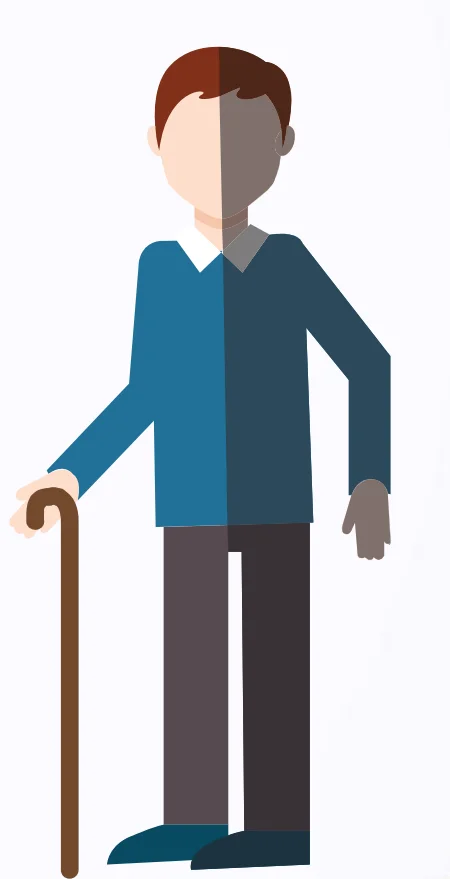 몸의 한쪽은 밝은색, 다른 쪽은 어두운색으로 표현된 지팡이를 짚은 남성. 어두운 쪽 팔이 굽어 있다