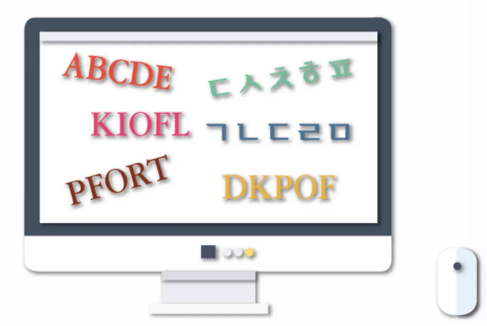 컴퓨터 화면에 ABCDE, KIOFL 같은 알파벳 묶음과 한글 자음 묶음이 흩어져 있는 그림