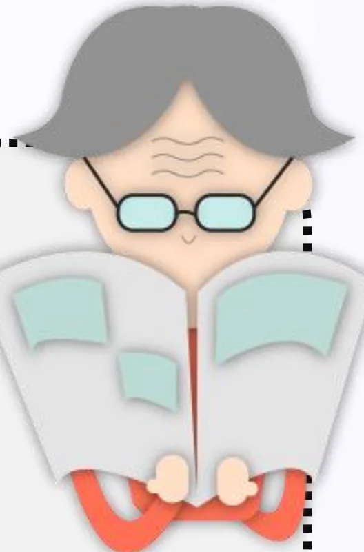 안경을 쓴 할머니가 신문을 펼쳐 읽고 있는 그림