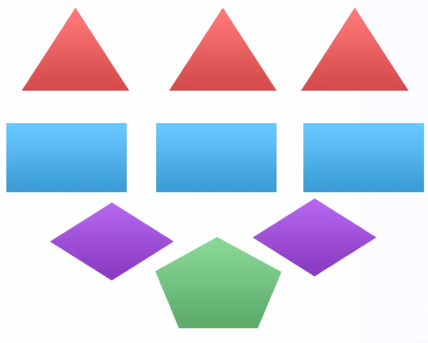 점이 없는 삼각형 3개, 사각형 3개, 마름모 2개, 오각형 1개